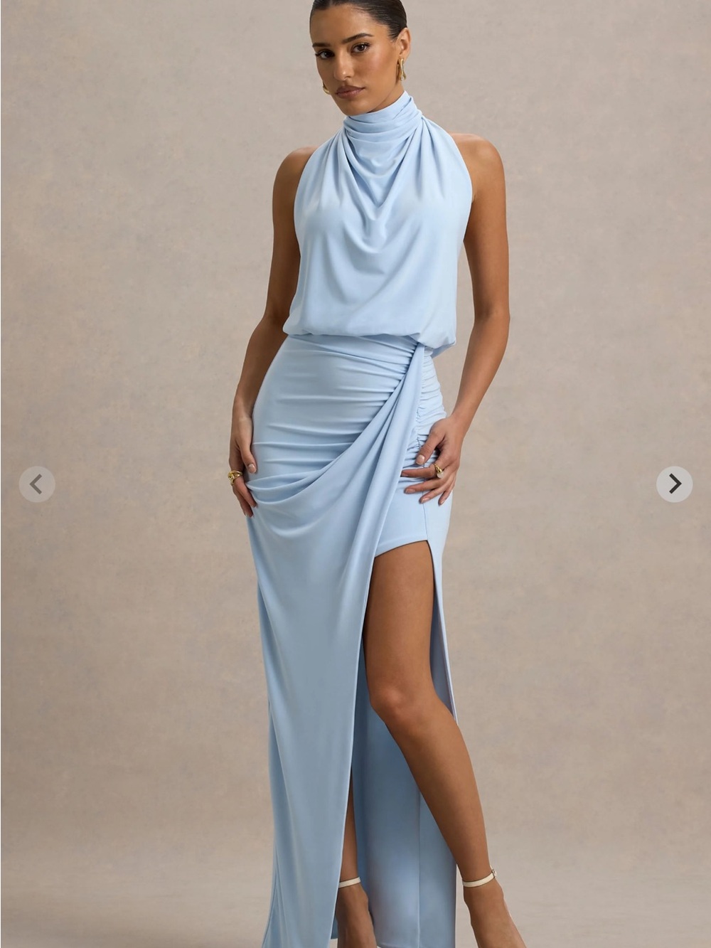Club L London Pale Blue High-Neck Draped High-Low Gown